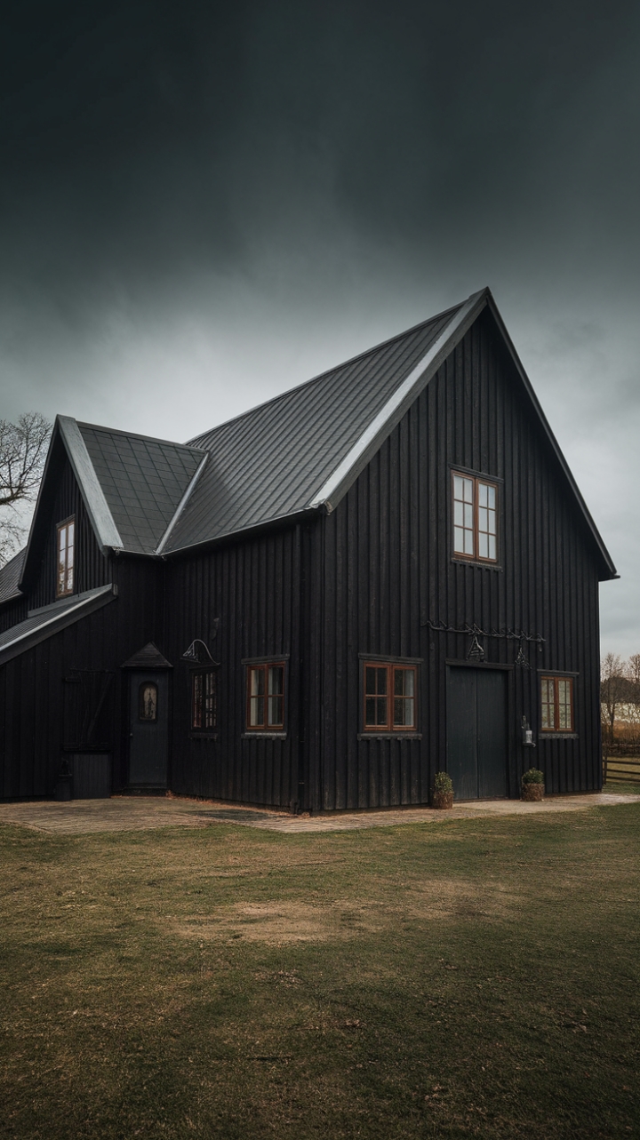 Gothic Elegance: A Dark Farmhouse Emerges from the Landscape