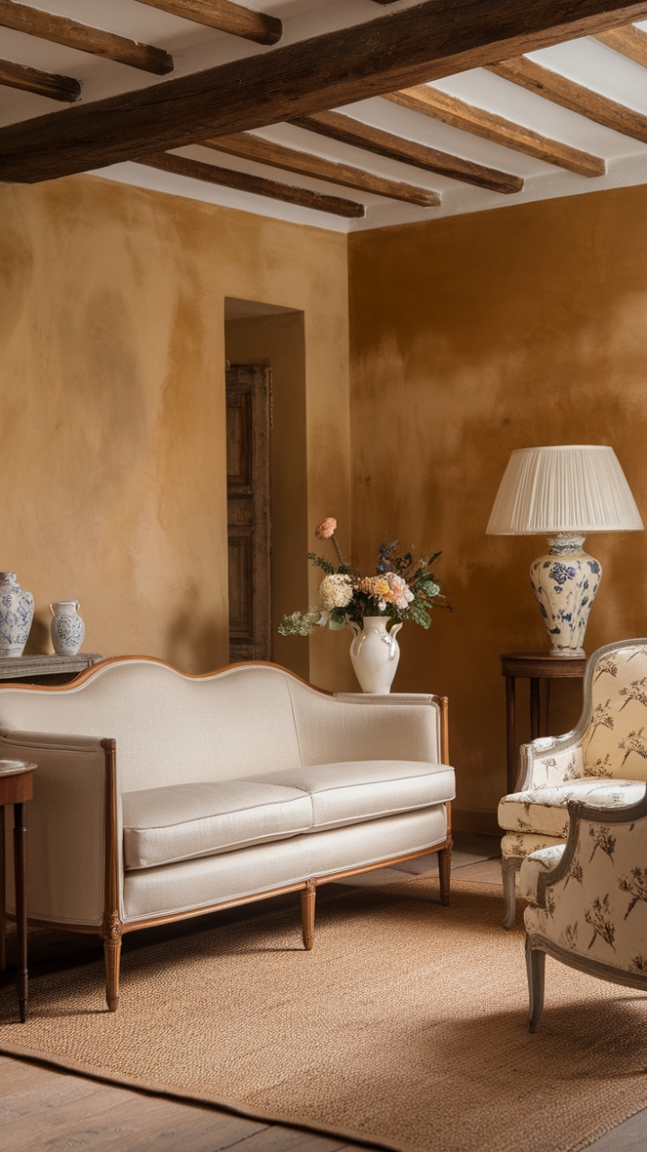 Cozy Beige and Mustard Tones with Floral Accents