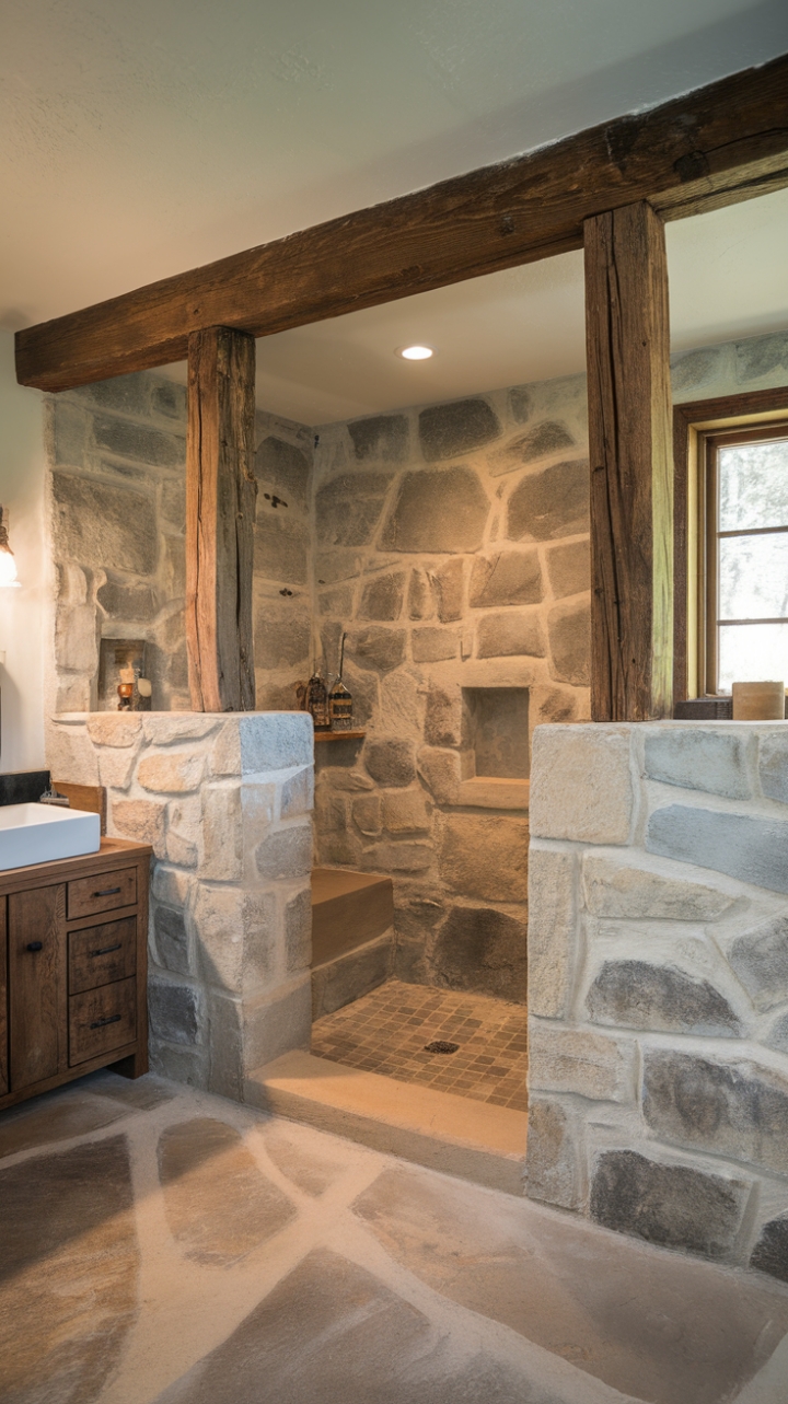 Rustic Charm: An Open Bathroom with Exposed Beams and Natural Stone