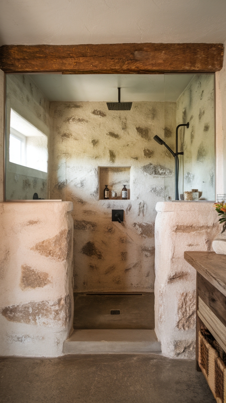 Rustic Charm: A Modern Farmhouse Shower with Stone and Wood