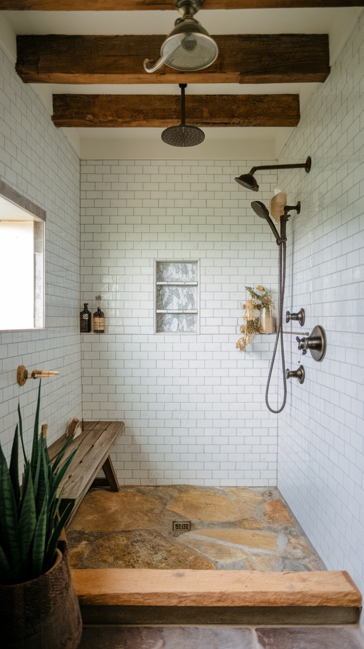 Farmhouse Shower Retreat with Natural Stone and Spa-Like Details
