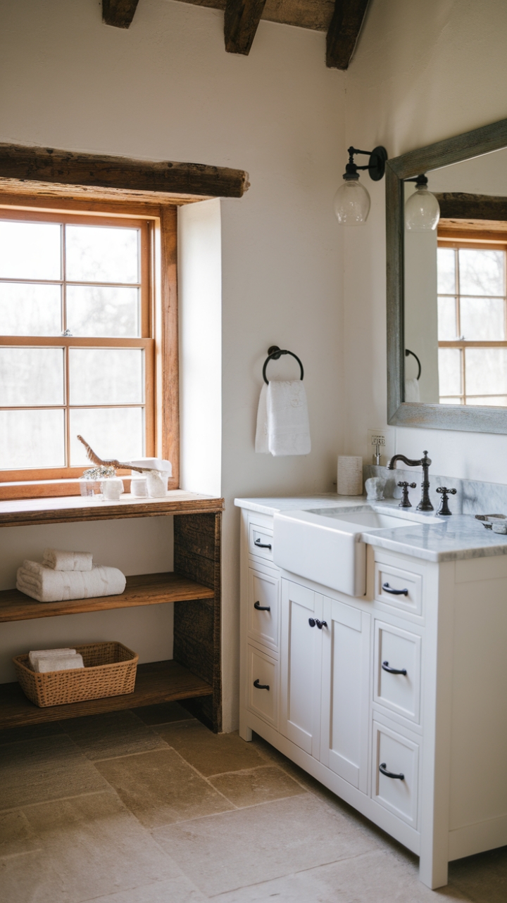 Serene Farmhouse Bathroom with Rustic and Modern Elements