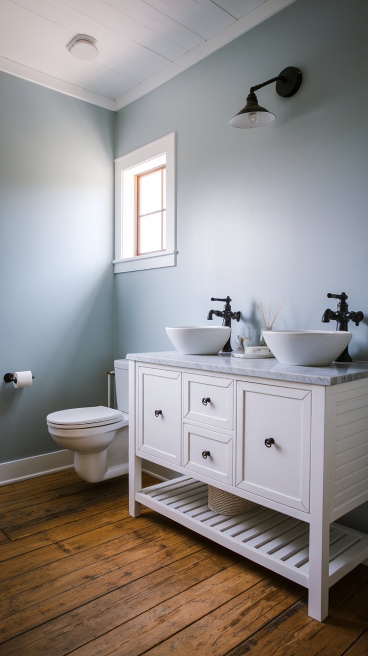 Elegant Farmhouse Bathroom with Blue Accents and Natural Touches