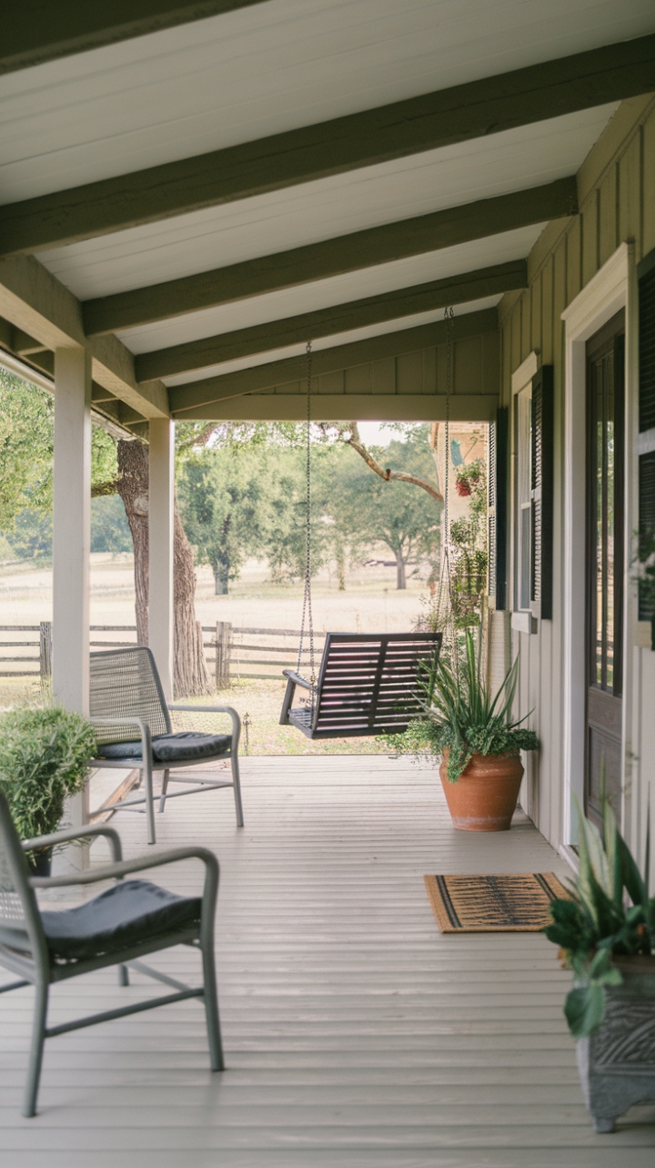 Tranquil Countryside Retreat Featuring a Comfortable Porch and Inviting Entrance