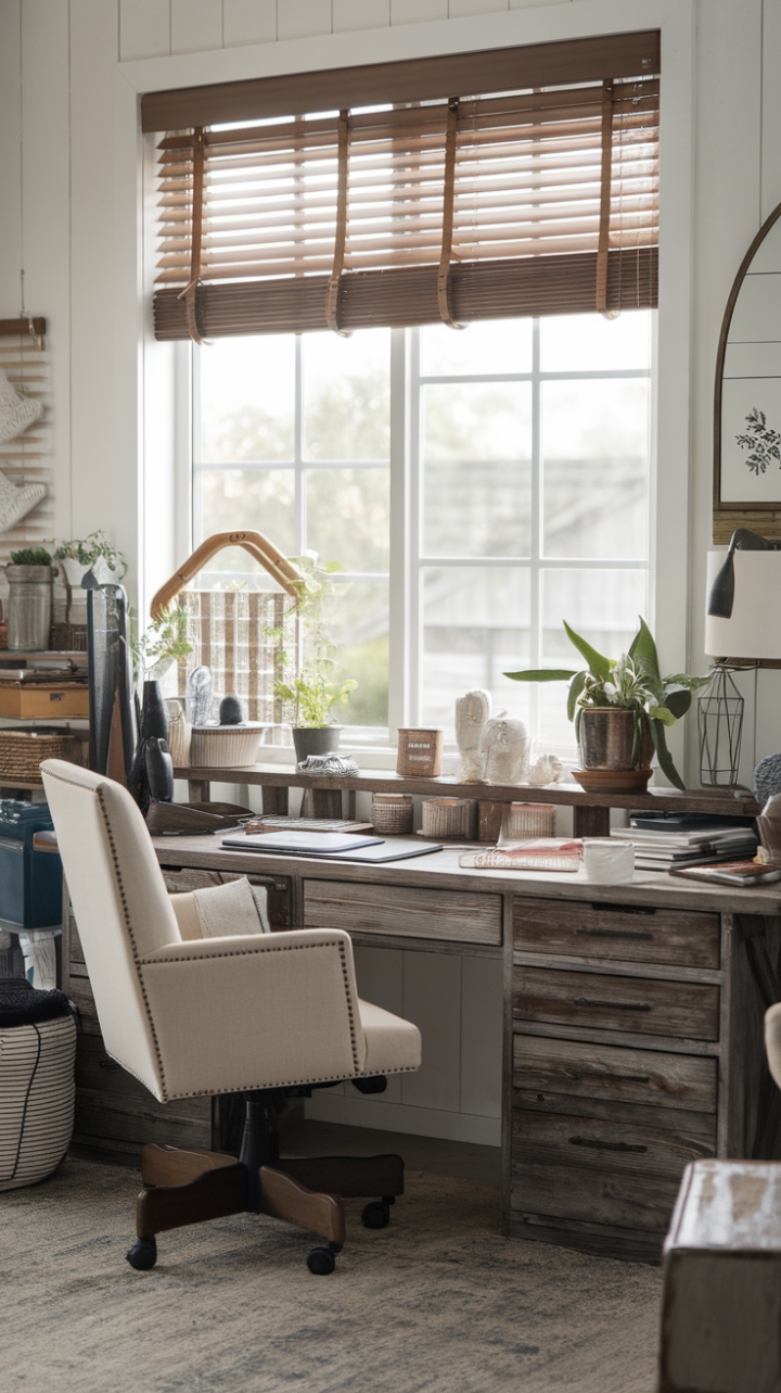 Modern Farmhouse Workspace: Rustic Charm and Natural Light