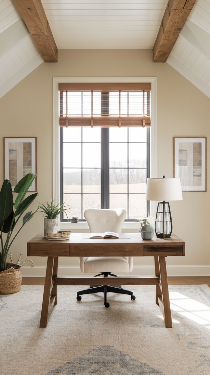 A Serene Workspace with Wooden Details and Soft Tones