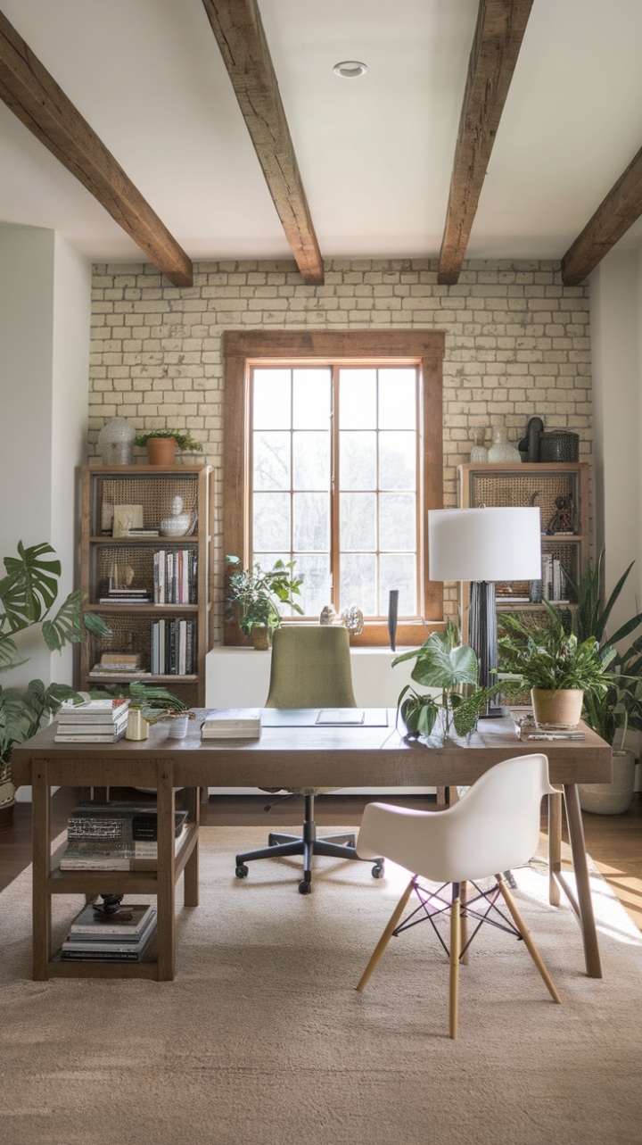 Cozy Modern Farmhouse Office with Exposed Beams and Natural Touches