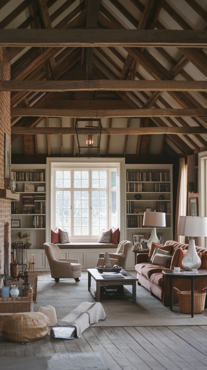 Charming Farmhouse Living Room with Exposed Beams and Cozy Nook
