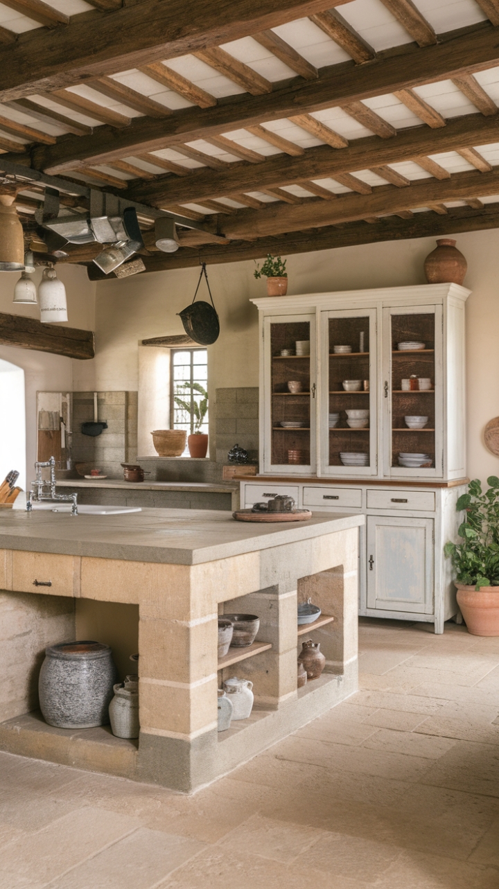 Cozy Rustic Kitchen with White Cabinets and Greenery