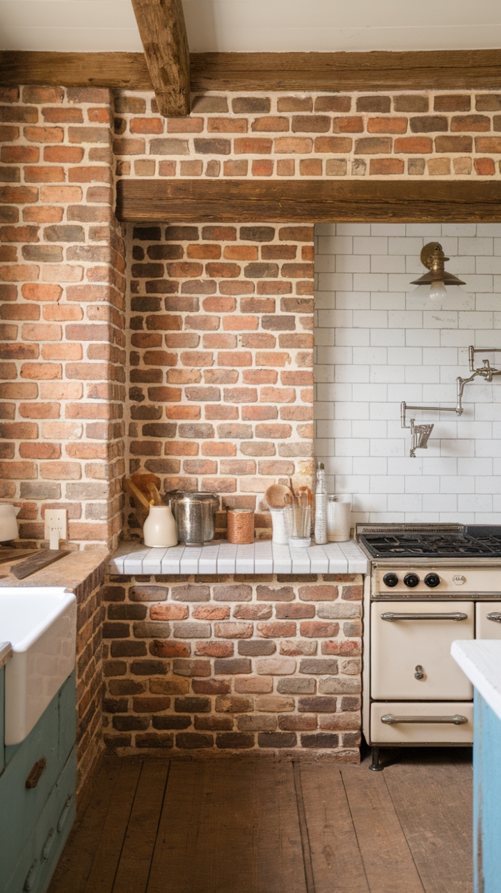 Charming Textural Kitchen with Vintage Brick and Farmhouse Details