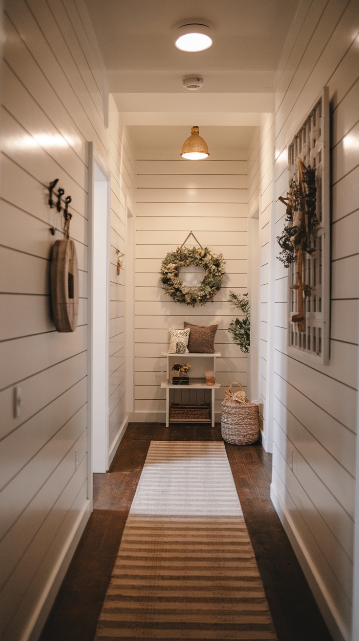 Charming Farmhouse Hallway with Shiplap and Warm Lighting