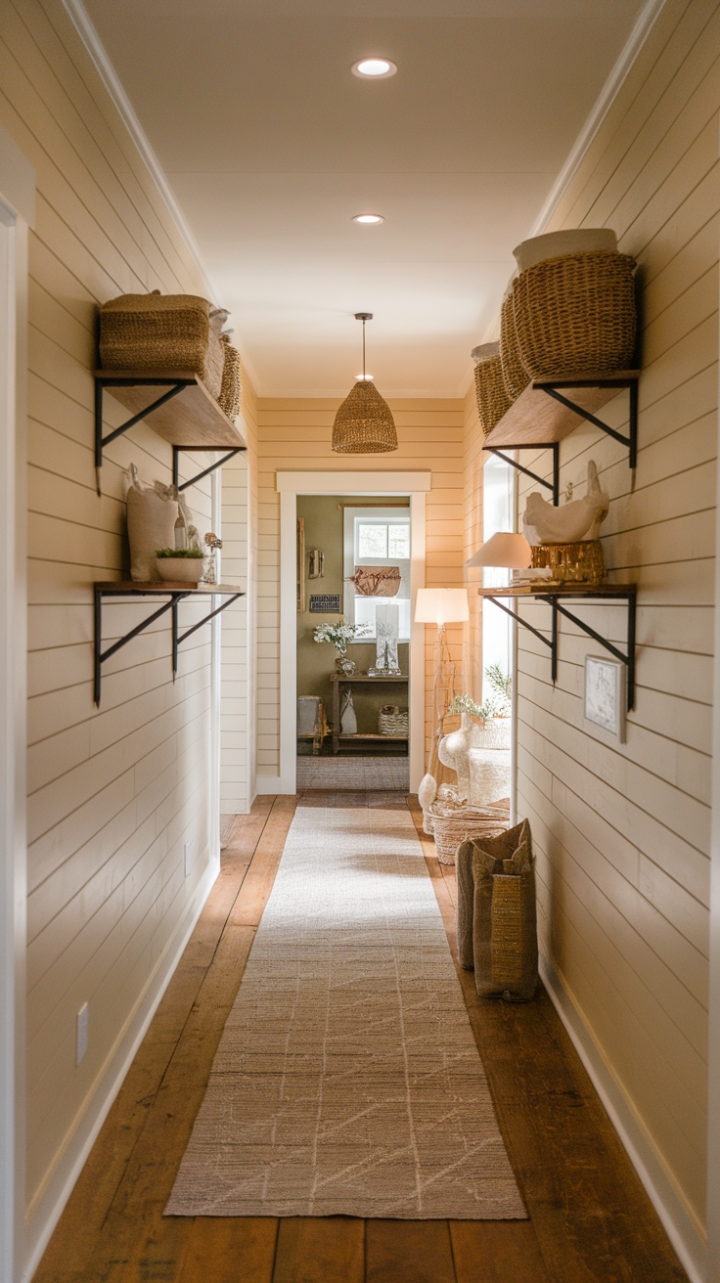 Cozy Farmhouse Hallway with Shiplap Walls and Stylish Accents