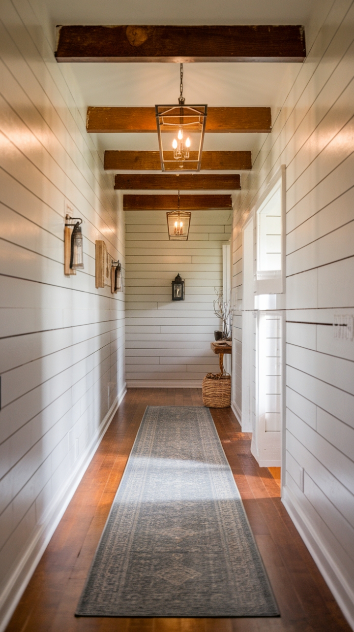 Cozy Charm: Exposed Beams and Lantern Sconces Define the Entryway