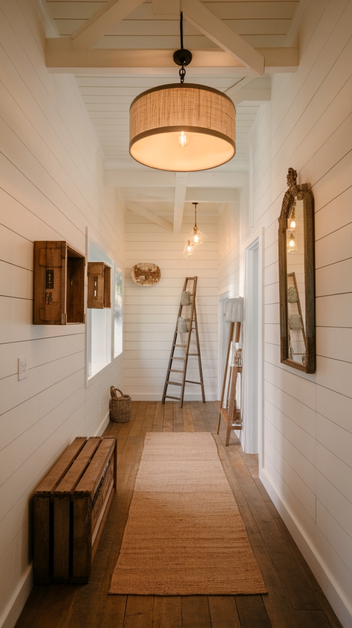 Illuminated Charm: Textured Details and Statement Lighting in a Farmhouse Hallway