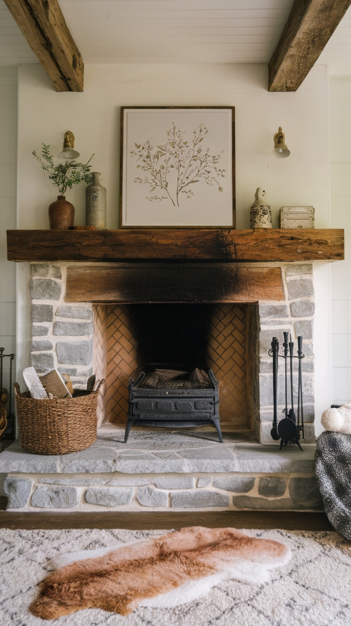 Charming Farmhouse Living Room with Cozy Fireplace and Rustic Touches