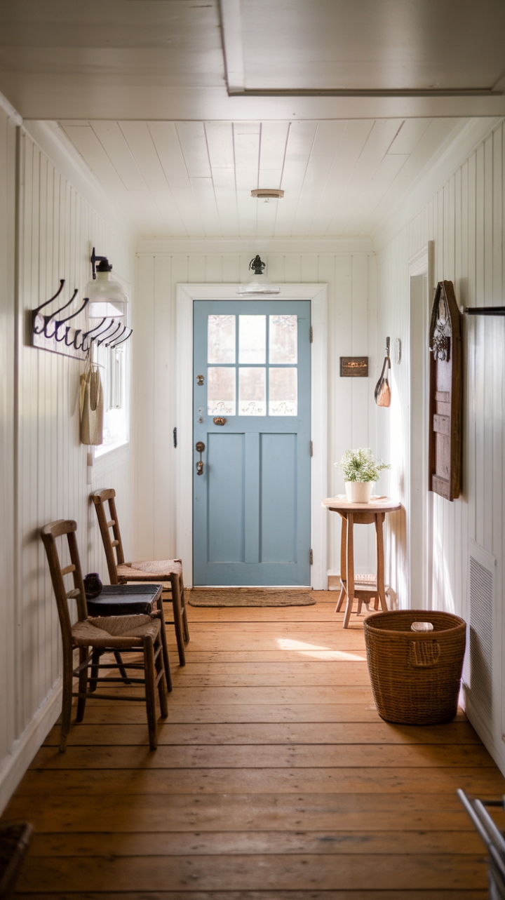Bright and Welcoming Farmhouse Entrance Featuring Wooden Floors and Functional Decor