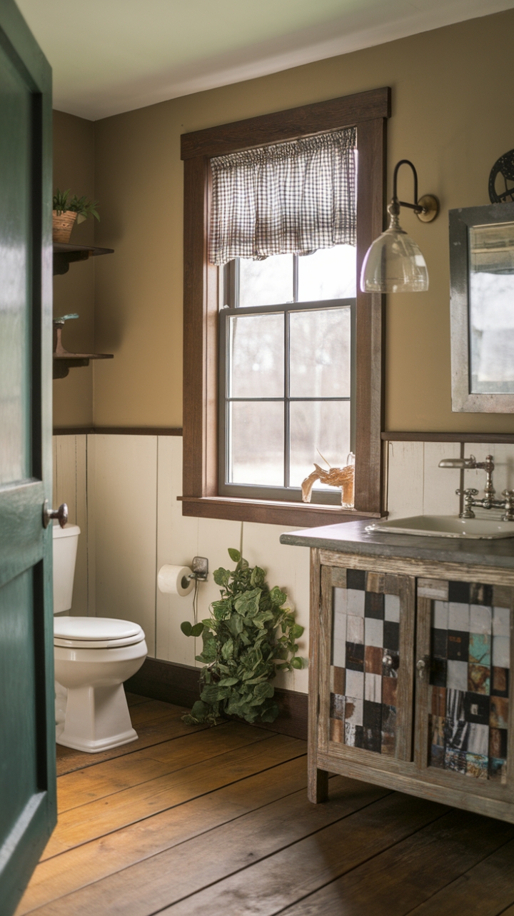 Inviting Half-Bath Featuring Rustic Details and Greenery