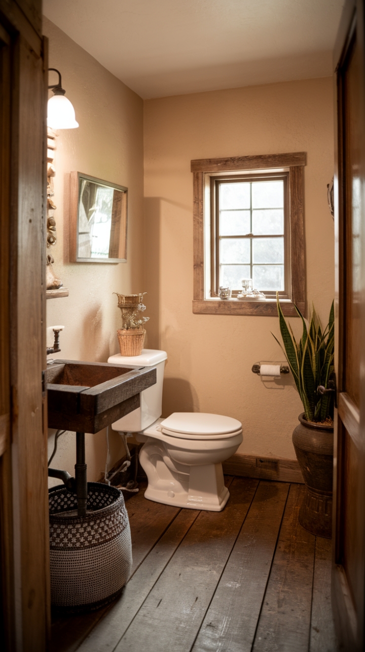 Serene Farmhouse Powder Room with Wooden Details and Warm Glow