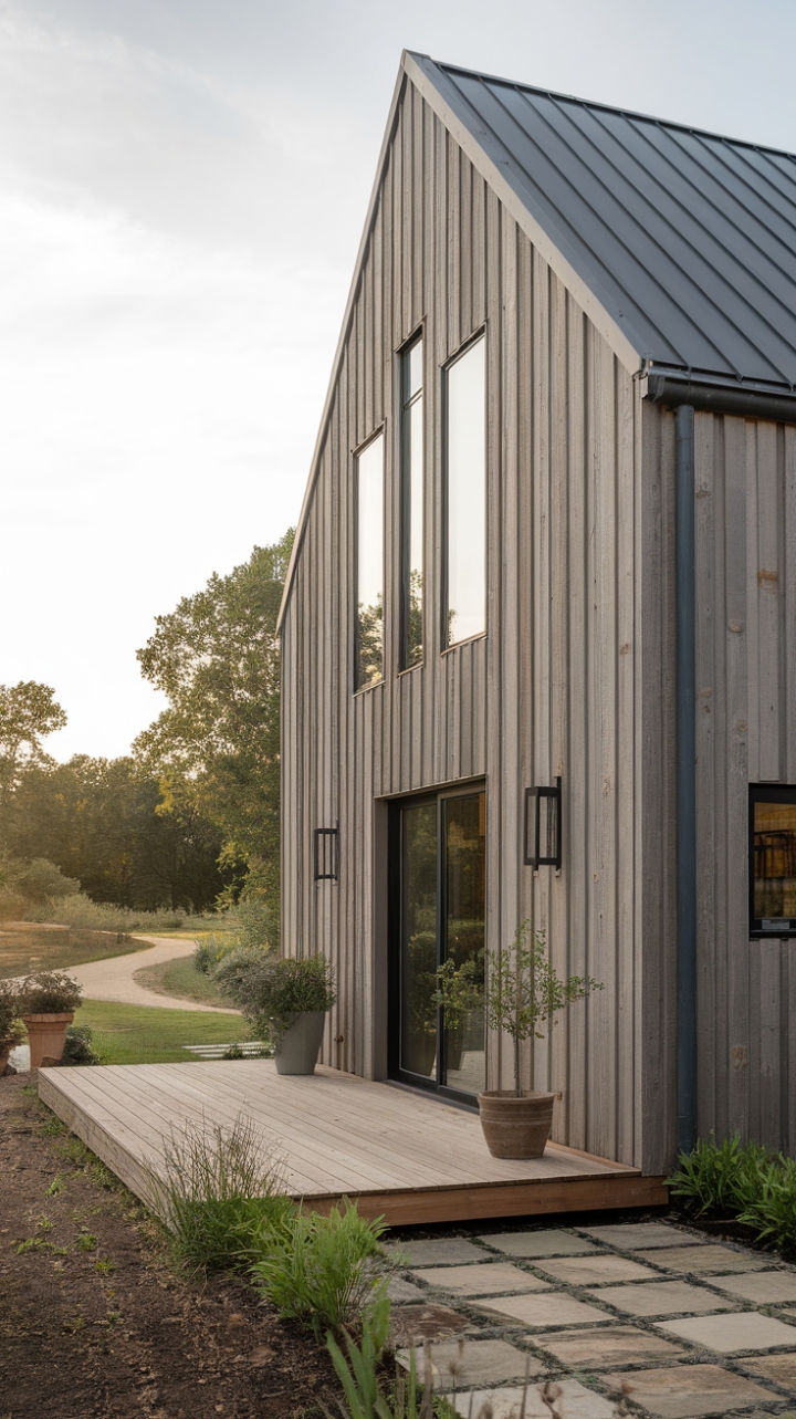 Idyllic Farmhouse Exterior with Natural Elements and Serene Backdrop