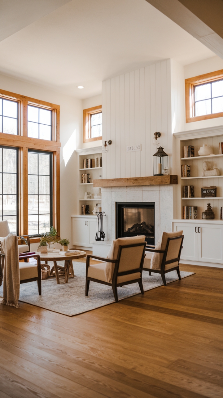 Bright and Inviting Farmhouse Living Space Featuring a Cozy Fireplace