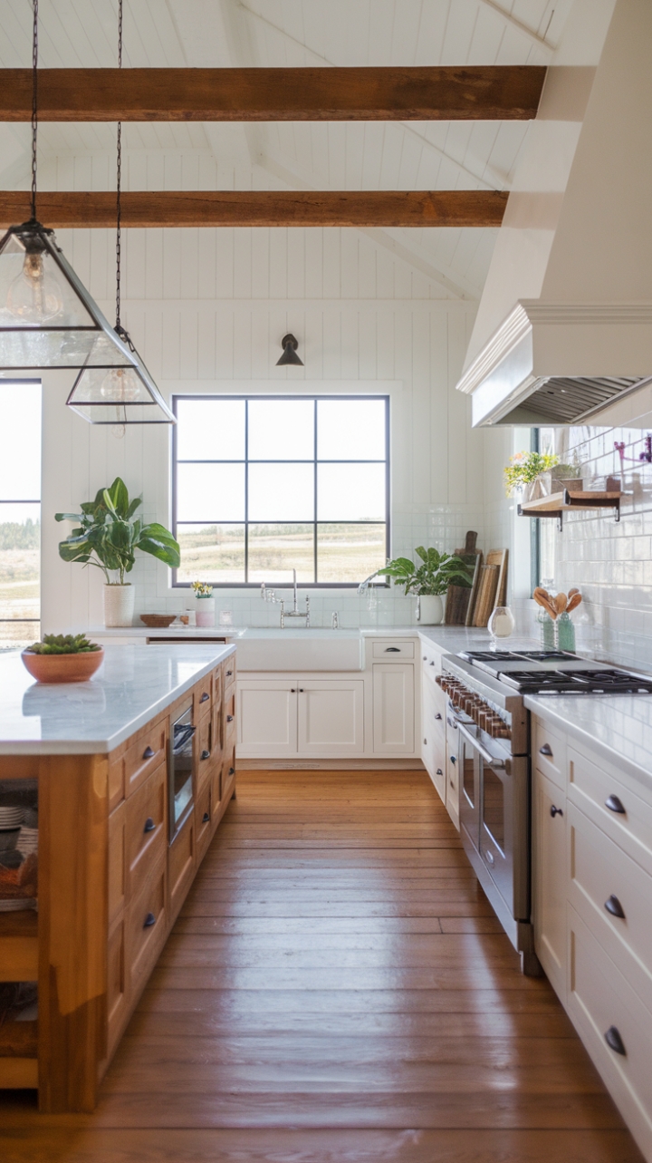 Elegant Contrasts: A Stylish and Functional Kitchen with a Wooden Island and Marble Top