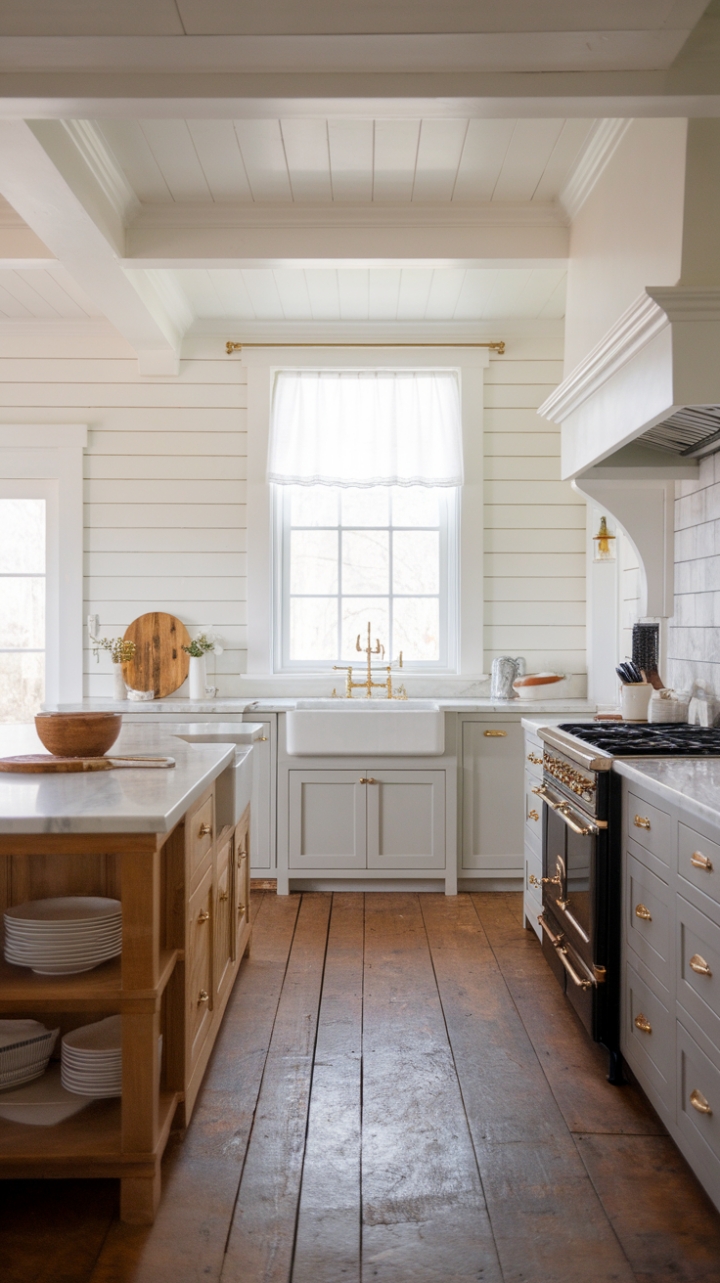 Timeless Charm: Modern Farmhouse Kitchen with Marble and Gold Accents