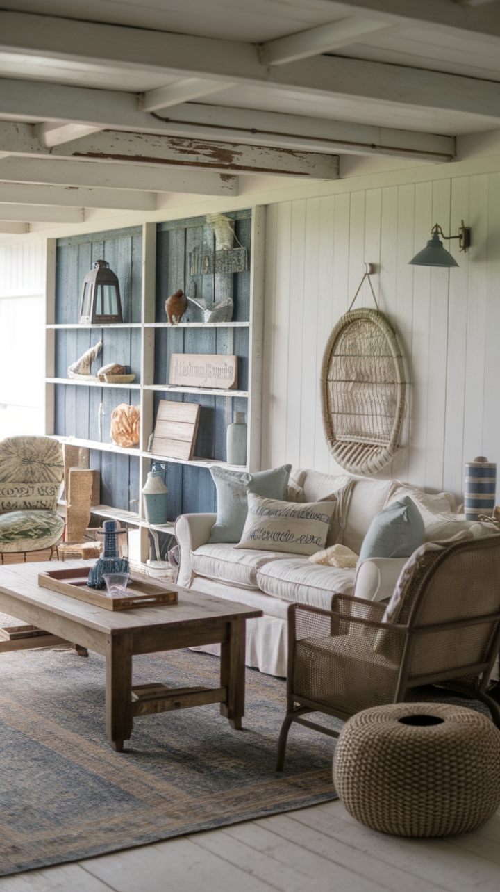 Coastal Charm Meets Rustic Comfort in the Farmhouse Living Space