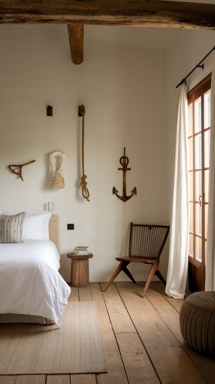 Nautical-Inspired Comfort with White Walls and Warm Lighting