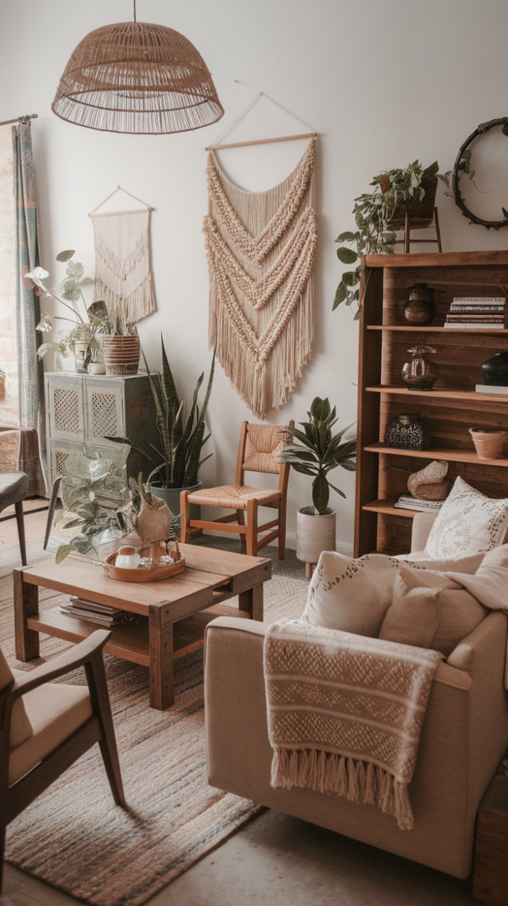 Charming Modern Farmhouse Boho Living Space with Warm Tones and Luxe Comfort