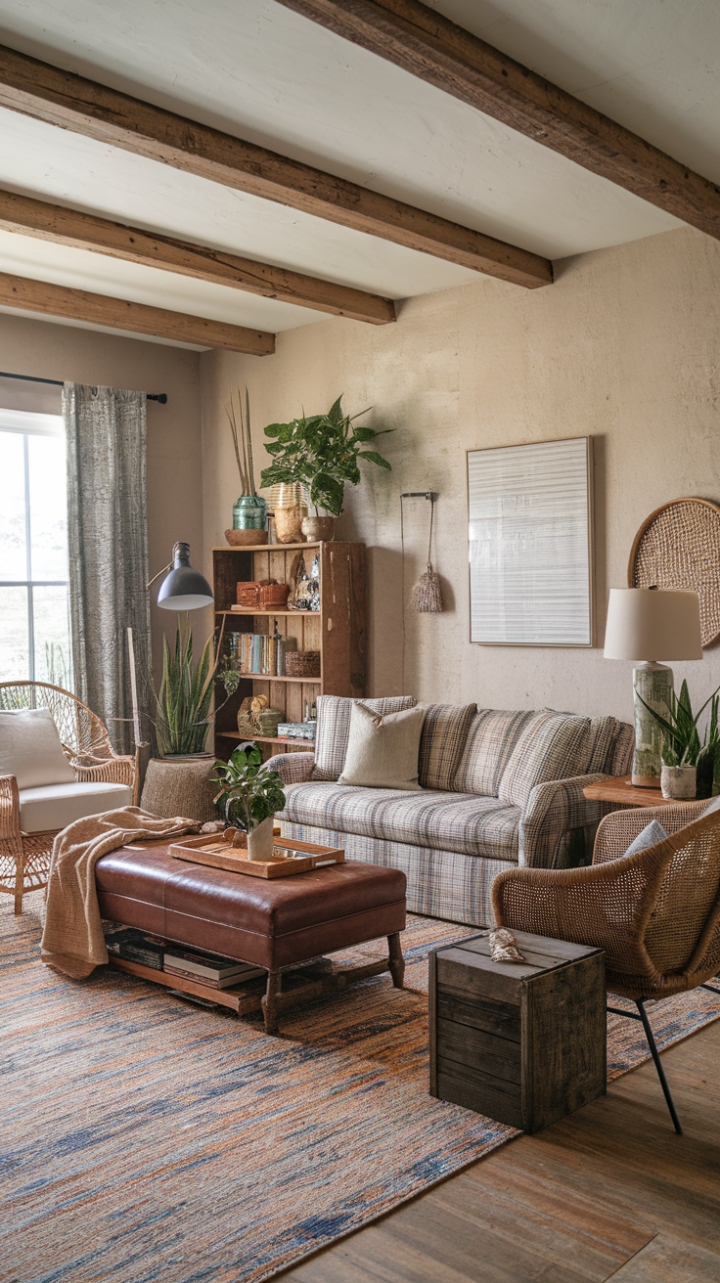 Rustic Charm Meets Bohemian Elegance in a Cozy Living Room