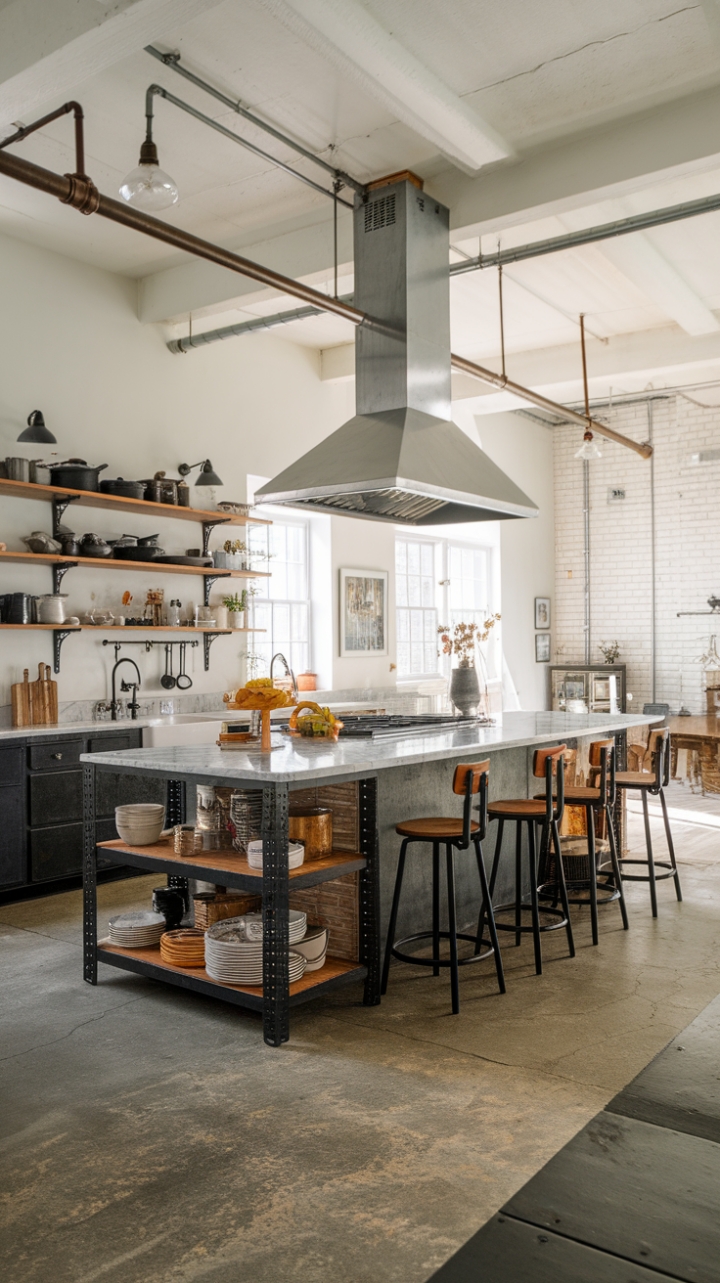 Industrial Elegance Meets Farmhouse Comfort in a Bright, Textured Kitchen