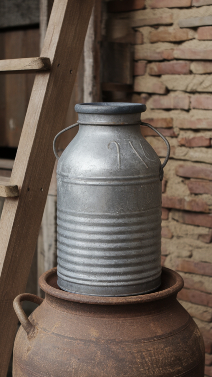 Vintage Charm: Stoneware Milk Can Vase for Rustic Elegance