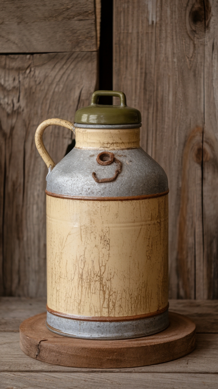 Vintage Elegance: Cream and Green Jug on Wooden Base