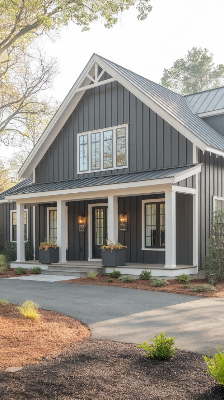 Sophisticated Modern Farmhouse with Dark Gray Facade and Classic Details
