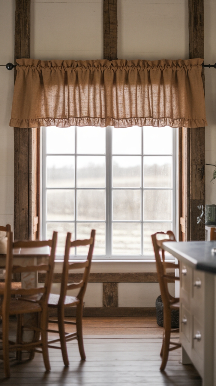 Country Charm: Burlap Valance Enhances Farmhouse Kitchen
