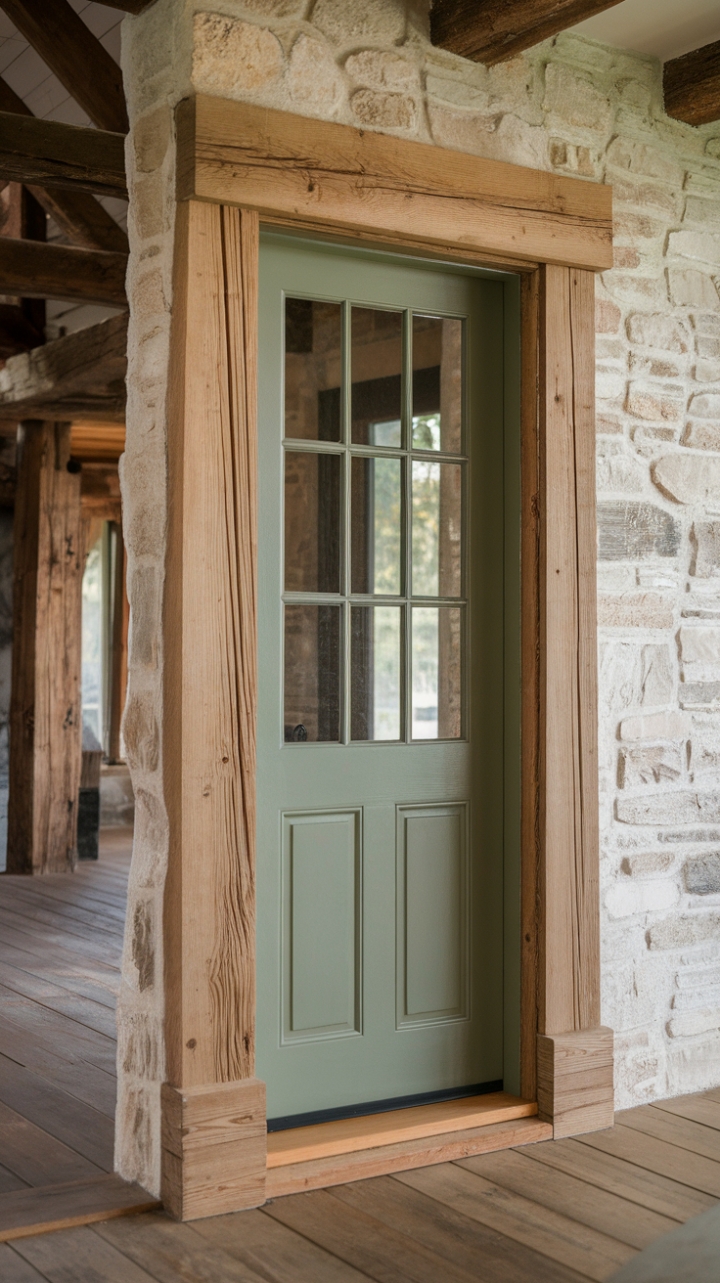Rustic Charm: Farmhouse Door with Warm Wooden Trim