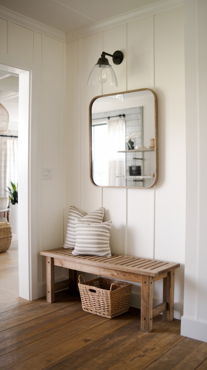 Inviting Entryway: Rustic Bench and Woven Basket in a Modern Farmhouse Style