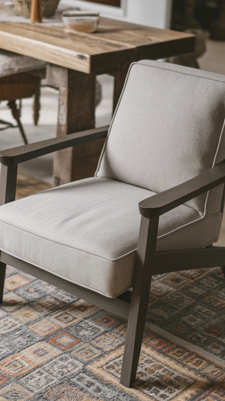 Charming Grey Fabric Accent Chair with Dark Wood Frame for a Modern Rustic Touch