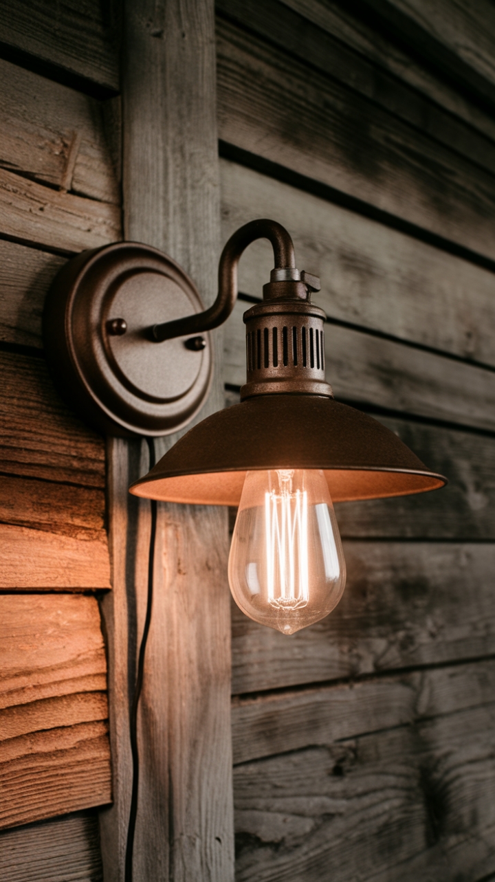 Illuminating Character: Aged Wood Wall Enhanced by Elegant Sconce