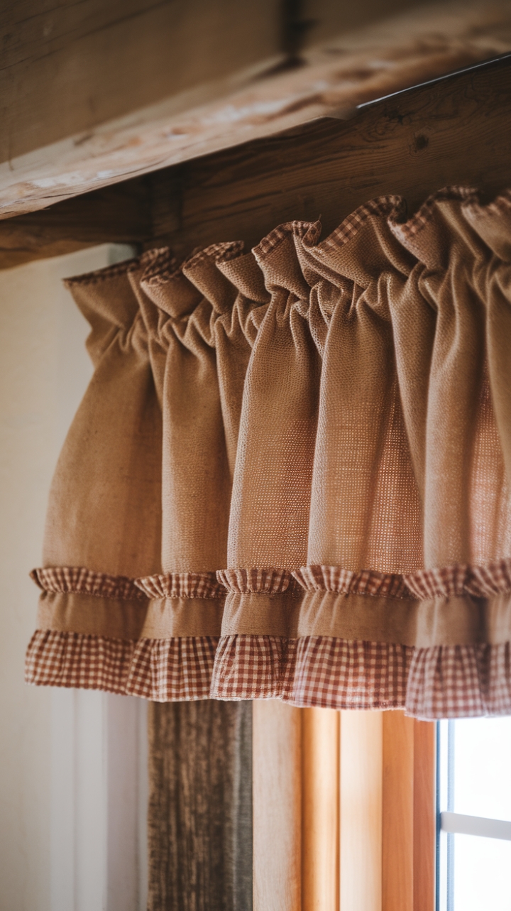 Country Charm: Burlap and Gingham Valance with Ruffled Edges