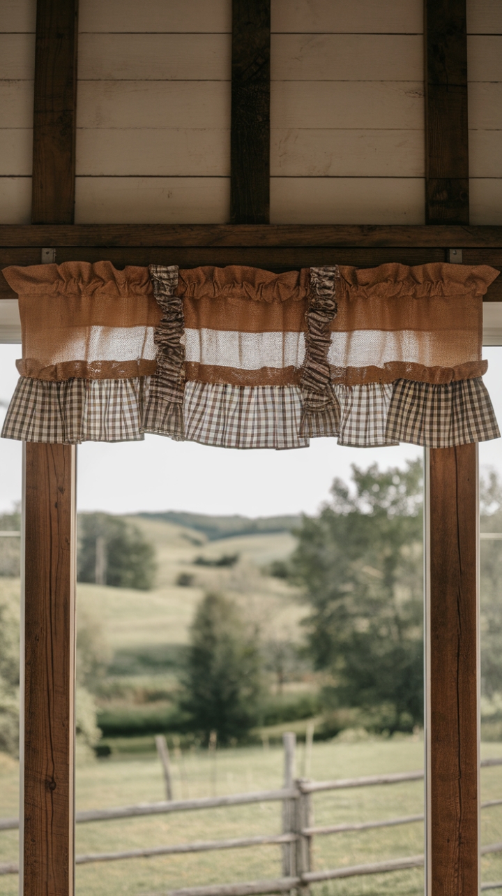 Farmhouse Charm: Rustic Window with Gingham and Burlap Details