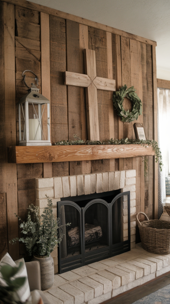 Cozy Country Fireplace with Reclaimed Wood Details