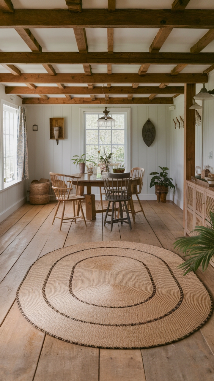 Vintage Charm: Braided Natural Fiber Rug Enhances Cozy Cottage