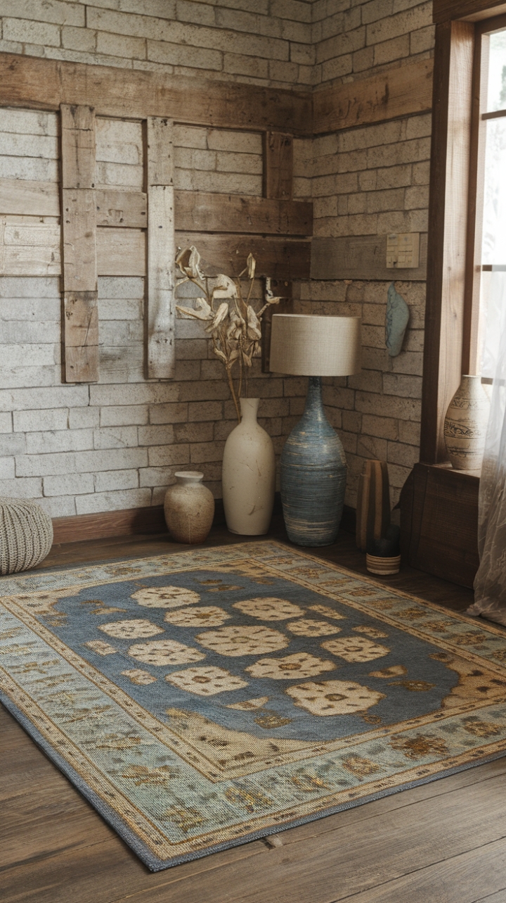 Rustic Elegance: Blue and White Floral Rug Complements Farmhouse Style