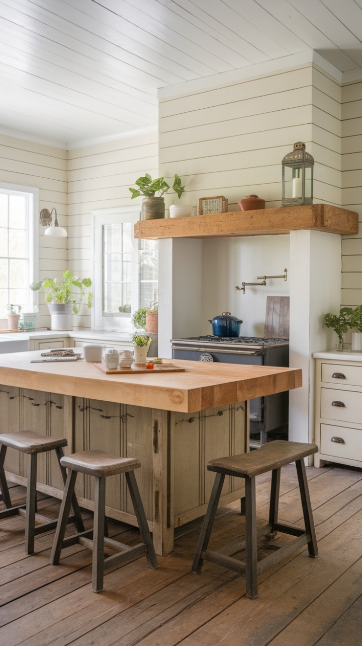 Warm and Inviting Rustic Kitchen Featuring a Wooden Island and Greenery