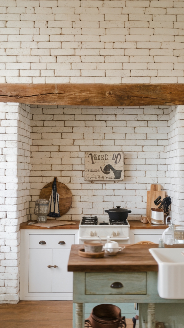 Rustic Charm: A Cozy Kitchen with White Brick Backsplash and Vintage Touches