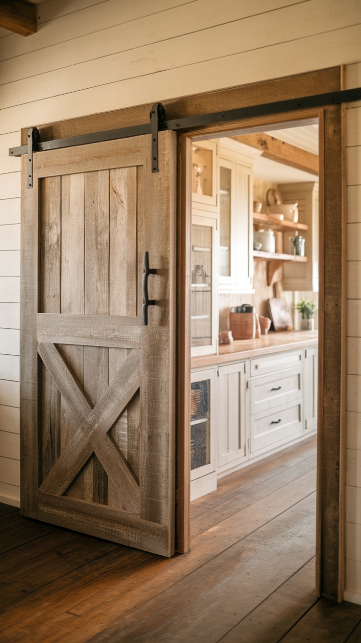 Farmhouse Charm: Sliding Pantry Door Enhances Cozy Kitchen
