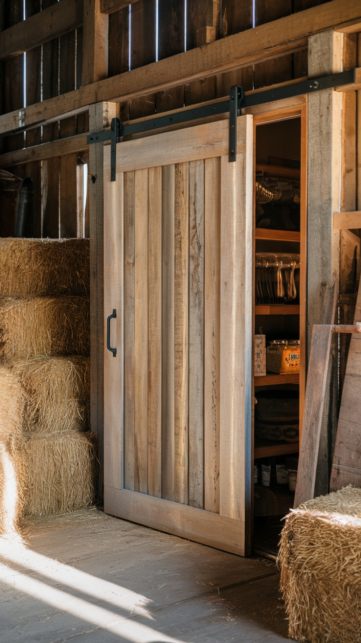 Farmhouse Elegance: Weathered Wood Door Complements Rustic Pantry