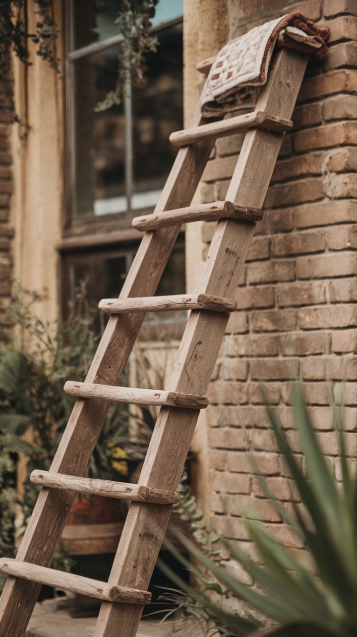 Textured Elegance: Transforming a Wooden Ladder into a Rustic Vignette