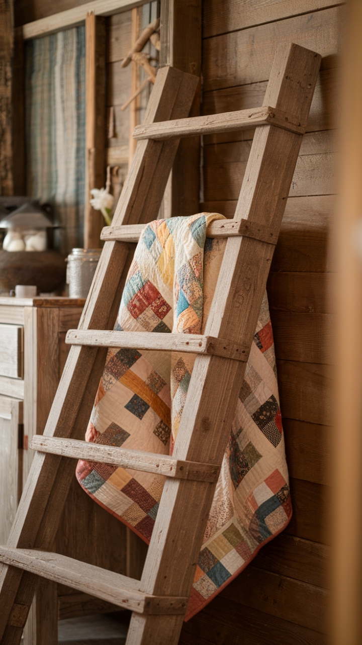 Rustic Charm: A Vintage Ladder with Cozy Quilts